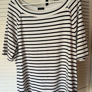 A Talbot’s Classic navy and white stripped top with a scoop neck.